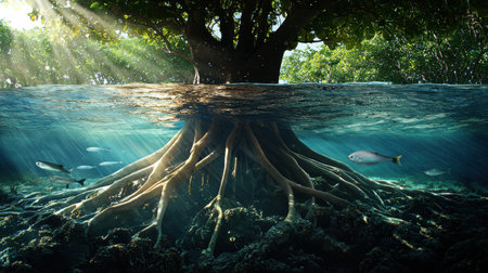 A large tree with its roots submerged in the water, surrounded by fish swimming around it. The scene is calm and tranquil, with the sunlight reflecting off the water. The image captures the beautyの素材