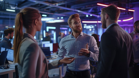 Three people are standing in a room, talking to each other. The man in the middle is wearing a blue shirt and a tie. The room is filled with people, and there are several chairs and tablesの素材