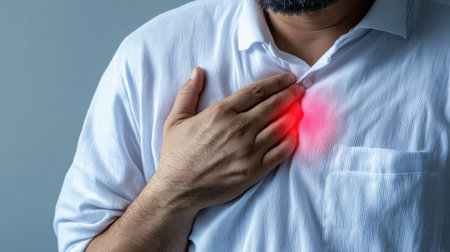 A man with a red heart on his chest. The man is wearing a white shirt. The heart is red and it is on the man's chestの素材