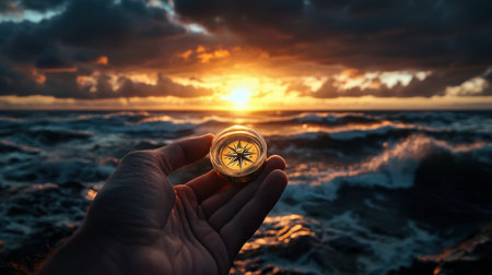 A hand holding a compass in front of a beautiful sunset. Concept of adventure and exploration, as the compass is a symbol of navigation and direction. The sunset adds a warm and serene atmosphereの素材
