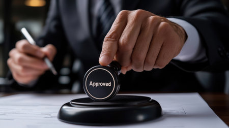 A man is stamping a document with the word "approved" on it. The stamp is black and the document is on a tableの素材