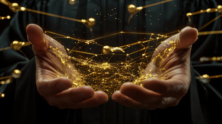 A hand holding a gold-colored web of lines. Concept of complexity and interconnectedness, as if the lines represent the intricate relationships between people and ideasの素材