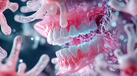 A close up of a fake tooth with a pinkish purple background. The tooth is pink and white, and it looks like it's surrounded by a fuzzy pinkish purple backgroundの素材