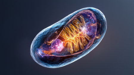 A cell with a yellow and orange center. The cell is surrounded by a blue shellの素材
