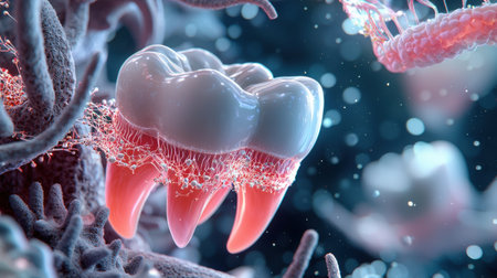 A close up of a tooth with a pinkish hue. The tooth is surrounded by a pinkish substance, and it is in a watery environmentの素材