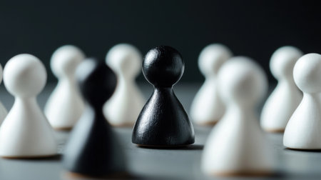 A black and white chess piece is surrounded by other pieces. The black piece is the only one that stands outの素材