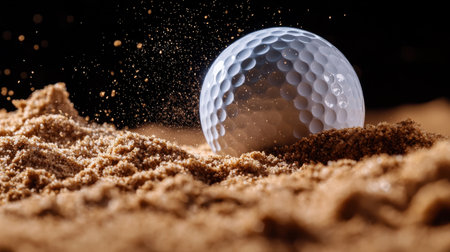 A golf ball is rolling on the sand. The ball is white and has a black dot in the center. The sand is brown and the ball is rolling towards the edge of the sandの素材