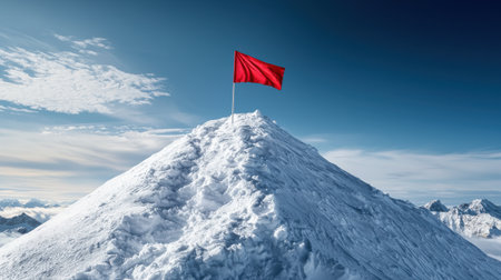 A red and white flag is perched on top of a snow-covered mountain peak. The flag is a symbol of victory and accomplishmentの素材