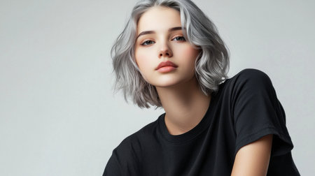 A woman with short hair and a black shirt is posing for a photo. She has a pale complexion and a pale grey hair colorの素材