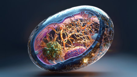 A 3D image of a cell shows a green and yellow blob inside of it. The cell is surrounded by a blue and purple shell, giving it a unique and interesting appearanceの素材