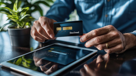 A man is holding a credit card in front of a tablet. The card is from the company Dottillの素材