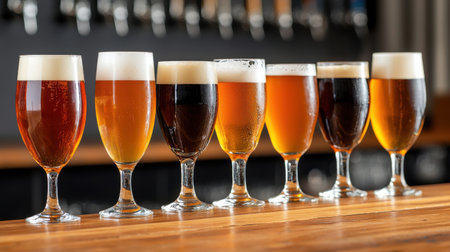 A row of glasses of beer on a wooden table. The glasses are of different sizes and colors, with some being brown and others being clear. Concept of variety and choiceの素材