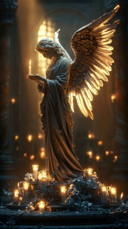 A statue of a beautiful angel holding a candle in a dimly lit room. The candle is lit, casting a warm glow on the angel's face and wings. The room is filled with candles, creating a peacefulの素材