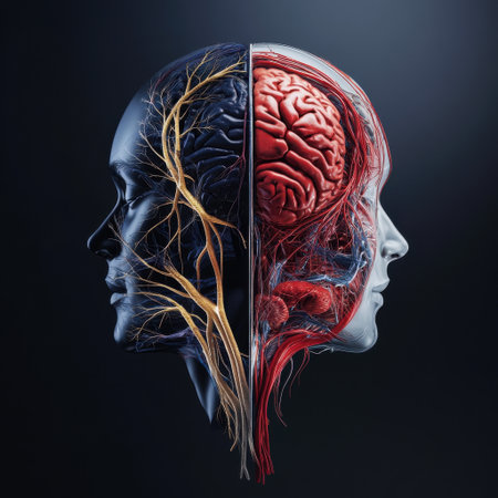 A close up of two human heads, one with a brain and the other with a heart. The image is a representation of the human body and its vital organsの素材