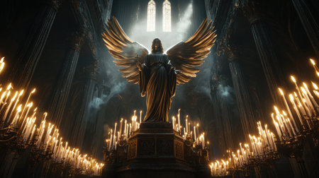 A statue of an angel is surrounded by candles. The image has a dark and mysterious mood, with the candles casting shadows on the walls. The angel statue is the focal point of the sceneの素材