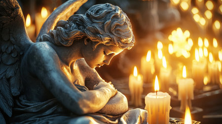 A statue of an angel is sitting on a table with candles around it. The candles are lit and the atmosphere is peaceful and sereneの素材