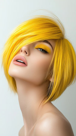 A woman with a short yellow hair and a yellow eyeshadow. She is smiling and looking at the cameraの素材