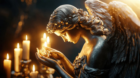 A statue of an angel holding a gemstone in its hands. The statue is surrounded by candles, creating a warm and serene atmosphereの素材