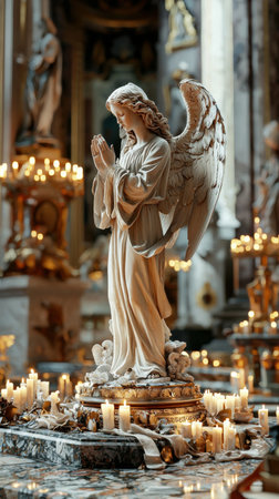 a radiant angel statue surrounded by glowing candles in a sacred setting radiant, angel, statue, glowing, candles, sacred, setting, heaven, religion --ar 9:16 --quality 2 --profile ooj6fpf --v 6.1 Job ID: 91467559-3667-47bd-ba98-125de5fc1e8fの素材