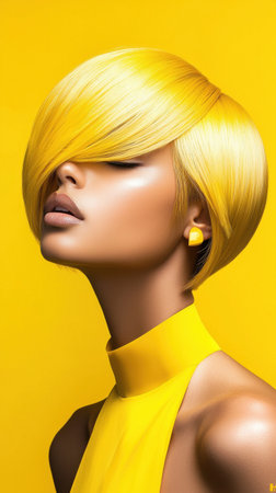 A woman with yellow hair and yellow dress poses for a photo. The yellow color of the dress and hair creates a bright and cheerful moodの素材