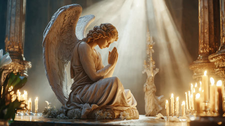 a radiant angel statue surrounded by glowing candles in a sacred setting radiant, angel, statue, glowing, candles, sacred, setting, heaven, religion --ar 16:9 --quality 2 --profile ooj6fpf --v 6.1 Job ID: bdf85144-8be1-4745-aa9a-5ae83cd416faの素材