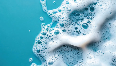 A blue background with a large amount of bubbles in the water. The bubbles are of different sizes and are scattered throughout the water. The scene gives off a playful and fun atmosphereの素材