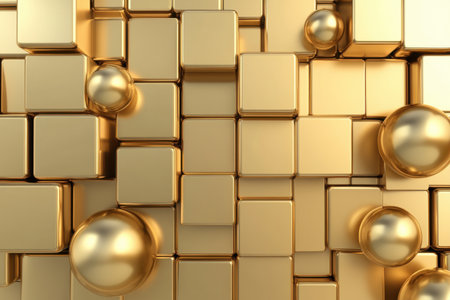 A gold-colored wall made up of gold cubes and gold-colored balls. The wall is a striking and eye-catching design, with the gold color and the various shapes of the cubesの素材