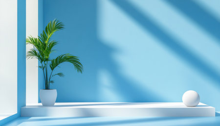 A white vase with a green plant sits on a white pedestal in front of a blue wall. The room is bright and airy, with a large window letting in plenty of natural lightの素材