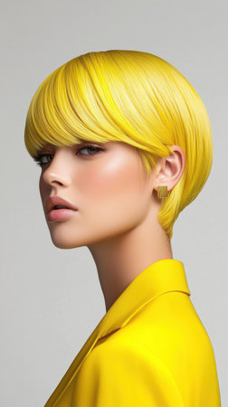 A woman with a short yellow hair and a yellow jacket. She is wearing gold earrings. The image has a bright and cheerful moodの素材