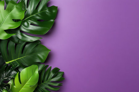 A purple background with green leaves on it. The leaves are arranged in a way that they form a border around the purple backgroundの素材