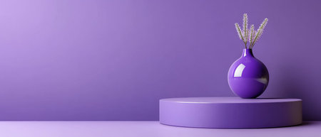 A purple vase with purple flowers sits on a purple pedestal. The vase is the main focus of the image, and the purple background and pedestal create a sense of harmony and eleganceの素材