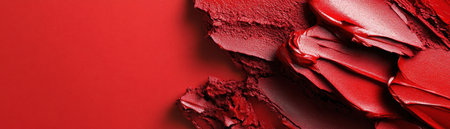 A close up of red lipstick with a red background. The lipstick is smeared and messy, giving the impression of a bold and daring lookの素材