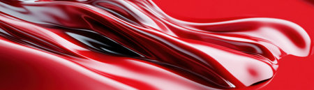 A red wave of paint with a black line in the middle. The red color is bold and the black line is sharp and striking. Concept of movement and energy, as if the paint is flowingの素材