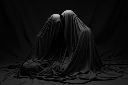 Two people are covered in black cloth, one of them is wearing a hood. The scene is dark and mysterious, with the people appearing to be hiding or being hidden from view. Scene is eerie and unsettlingの素材