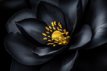 A black flower with gold accents is the main focus of the image. The flower is a striking contrast to the black background, and the gold accents add a touch of elegance and sophisticationの素材