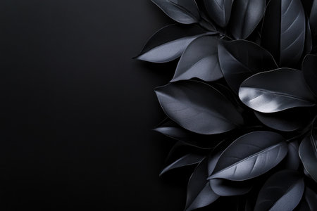 A black background with a bunch of leaves on it. The leaves are dark and shiny. The image has a moody and mysterious feel to itの素材