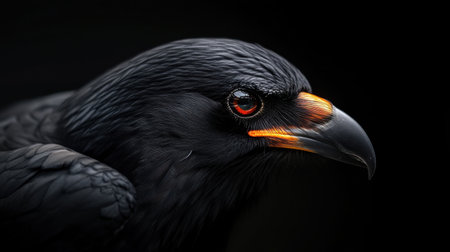 A black bird with an orange beak and red eyes. The bird is looking directly at the cameraの素材