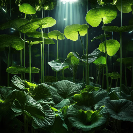 A vibrant green plant with numerous leaves and stems, creating a lush and healthy appearance. The leaves are a deep shade of green, and the stems are thin and delicateの素材