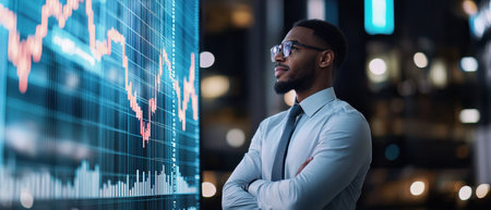 A man in a suit stands in front of a large screen displaying financial data. He is focused and serious as he looks at the numbersの素材