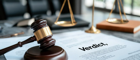 A judge's gavel sits on top of a piece of paper that says Verdict. The gavel and the paper suggest that the judge is about to make a decision or pronounce a verdictの素材