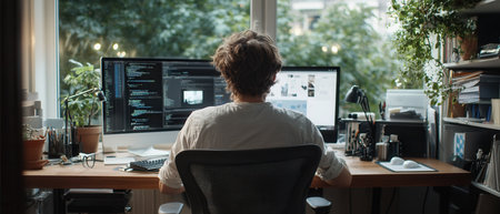 A man is sitting at a desk with two computer monitors in front of him. He is focused on his work and he is in a serious moodの素材