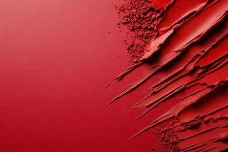 A red background with red makeup on it. The makeup is smeared and splattered, giving the impression of a messy, chaotic look. The red background and makeup create a boldの素材