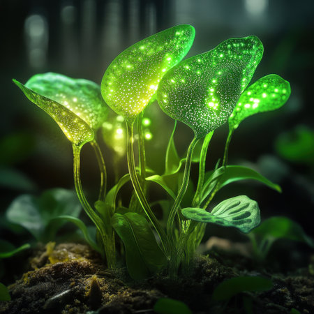A group of green plants with a glowing effect. The plants are small and are growing in a dirt patchの素材