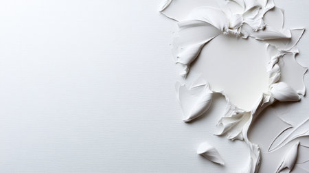 A white background with a white flower in the middle. The flower is made up of white paint and has a lot of texture. The background is very plain and simple, with no other elements or detailsの素材