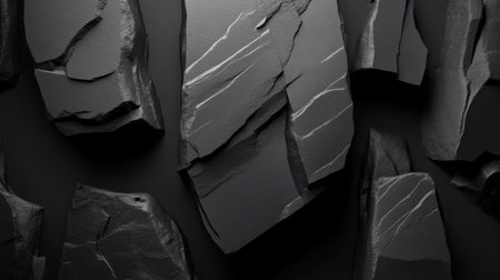 A close up of a pile of rocks with a dark color. The rocks are scattered and broken, giving the impression of a chaotic and rugged landscape. Scene is one of ruggedness and untamed natureの素材