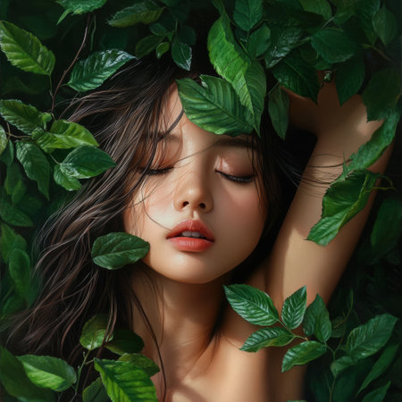 A woman is lying in a bed of leaves, with her head resting on a leaf. The leaves are green and the woman's hair is wet. The image has a calming and peaceful mood, as the woman is restingの素材