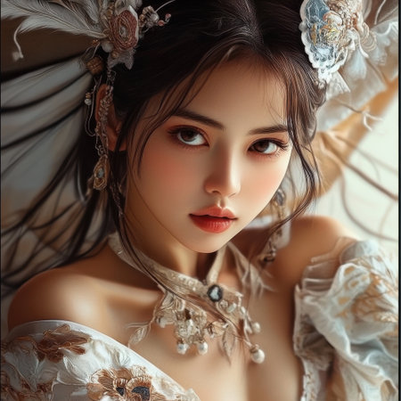 A woman with long hair and a white dress is wearing a necklace with pearls. She has a beautiful smile and is looking at the cameraの素材