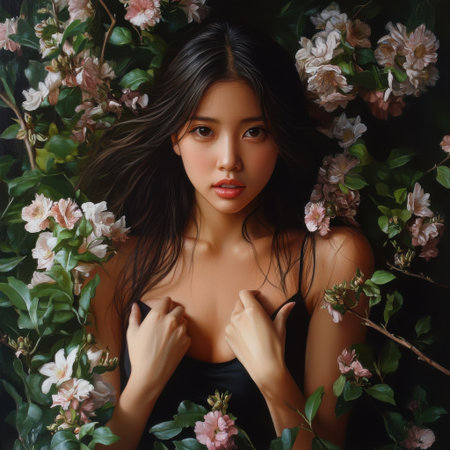 A woman is surrounded by pink flowers and is holding her hands to her chest. The painting has a romantic and feminine feel to itの素材