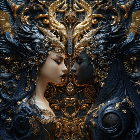 Two women with gold and blue hair and gold and blue headdresses. The women are looking at each otherの素材