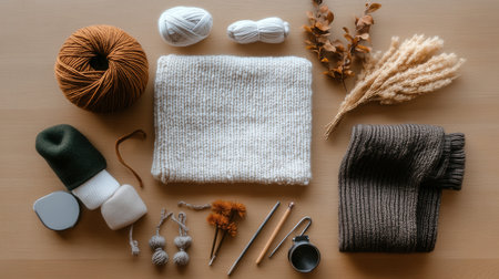 A table with various knitted items and yarn, including a white scarf and a brown sweater. The table is covered with a variety of items, including a cup, a bowl, and a spoonの素材